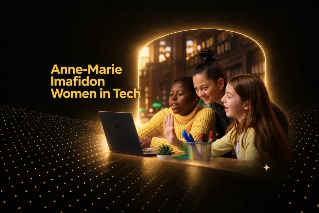 Doorway of light opening in a gold lattice, illustrating Anne-Marie Imafidon on women in tech