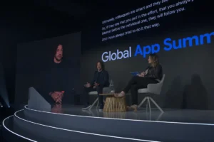 Carles Puyol speaking on adaptability and reinvention at the Global App Summit in Barcelona
