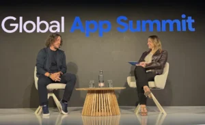 Carles Puyol and the moderator on stage during his leadership fireside chat at the Global App Summit 2026