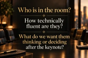 Three questions to ask before choosing a technology speaker, who is in the room, how technically fluent they are, and what you want them to decide - how to choose a technology speaker | Aurum Speakers Bureau